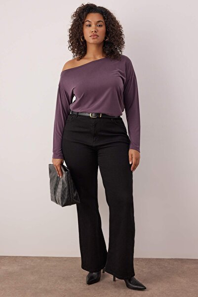 Trendyol Curve Plum Modal Fabric Boat Neck Relaxed/Casual Cut Knitted Plus Size Blouse Tbbaw25Af00044