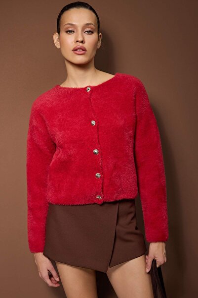 Trendyol Collection Red Gem Button Detailed Soft Textured Knitwear Cardigan Twoaw26Hi00293