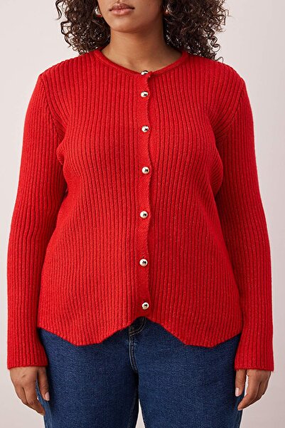 Trendyol Curve Red Crew Neck Jacket-Looking Knitwear Cardigan Tbbaw26Av00025