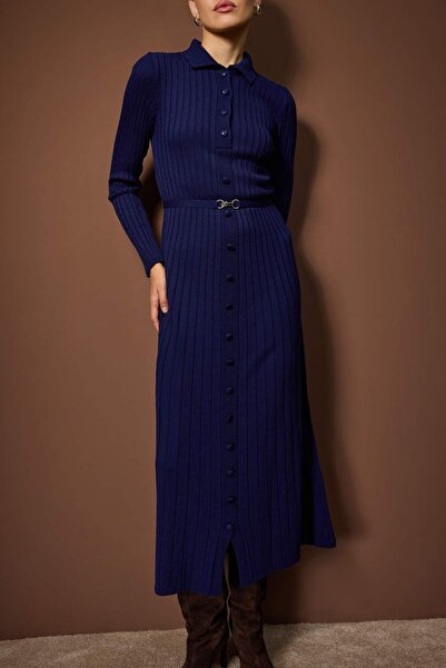 Trendyol Modest Navy Blue Metal Belt Detailed Knitwear Ribbed Dress Tctaw26Eb00014