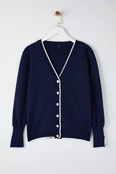Trendyol Curve Navy Blue Button Detailed Striped Knitwear Cardigan Tbbaw24Av00014