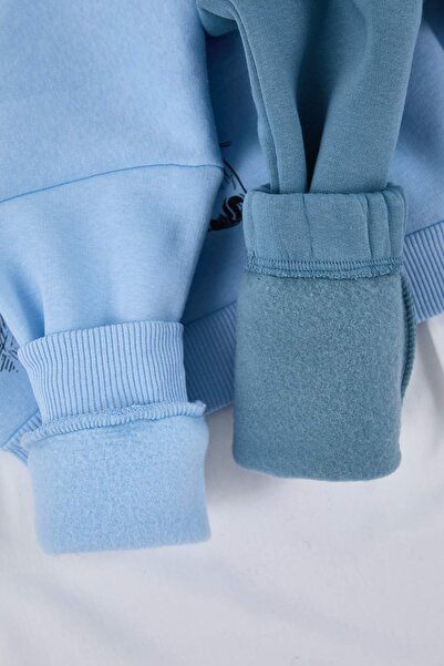 TRENDYOLKIDS Blue Cotton Fleece-Lined Printed Boys' Knitted Bottom - Top Set Tkdaw26Au00073