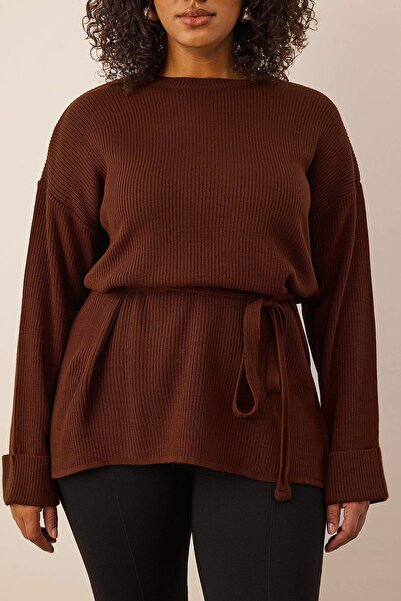 Trendyol Curve Brown Belted Long Knit Sweater Tbbaw26An00038