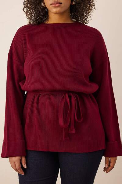Trendyol Curve Burgundy Belted Long Knit Sweater Tbbaw26An00038