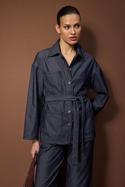 Trendyol Collection Dark Blue Flowy Thin Fabric Denim Bottom - Top Set Twoss26Au00013