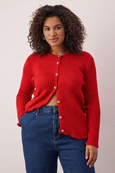 Trendyol Curve Red Crew Neck Jacket-Looking Knitwear Cardigan Tbbaw26Av00025
