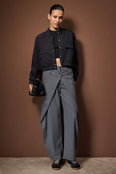 Trendyol Collection Gray Volume Pleated Balloon Fit Striped Fabric Pants Twoaw26Pl00149