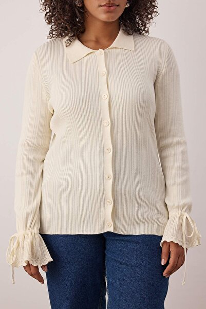 Trendyol Curve Ecru Mercerized Look Ribbed Polo Neck Knitwear Cardigan Tbbaw26Av00032