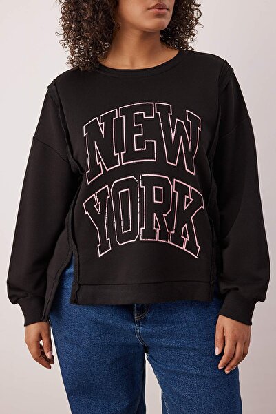 Trendyol Curve Black State Printed Oversize/Loose Fit Plus Size Sweasthirt Tbbaw26Ao00014
