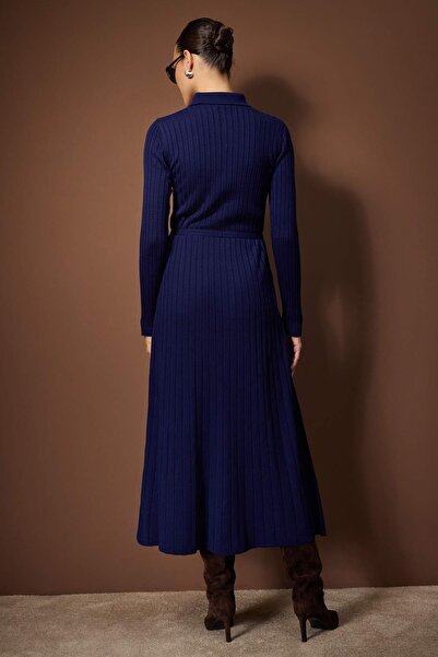 Trendyol Modest Navy Blue Metal Belt Detailed Knitwear Ribbed Dress Tctaw26Eb00014