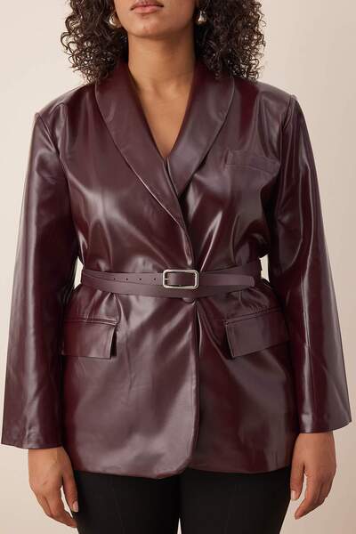 Trendyol Curve Burgundy Belted Double Breasted Closure Faux Leather Blazer Jacket Tbbaw26Ag00041