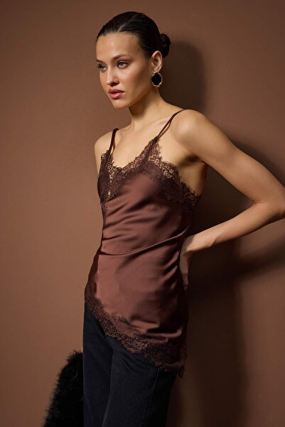 Trendyol Collection Brown Lace Detailed Asymmetric Cut Satin Blouse Tpraw26Bz00054