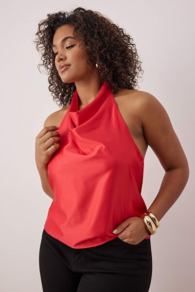 Trendyol Curve Red Satin Degaje Party Woven Plus Size Blouse Tbbaw26Af00079