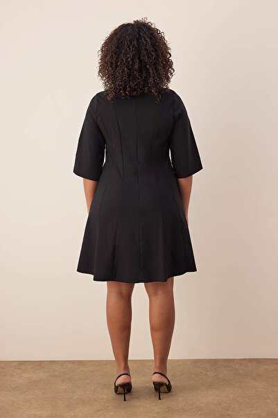 Trendyol Curve Black Three Quarter Sleeve Godeli Mini Woven Plus Size Dress Tbbaw26Ah00074