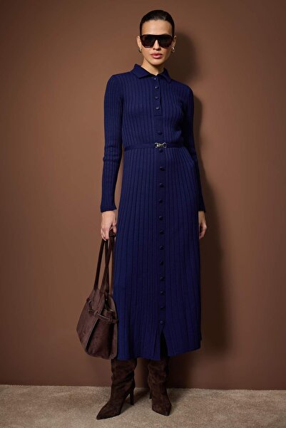 Trendyol Modest Navy Blue Metal Belt Detailed Knitwear Ribbed Dress Tctaw26Eb00014