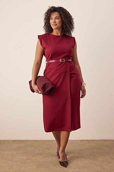Trendyol Curve Burgundy Sleeveless Woven Midi Plus Size Dress Tbbaw26Ah00085