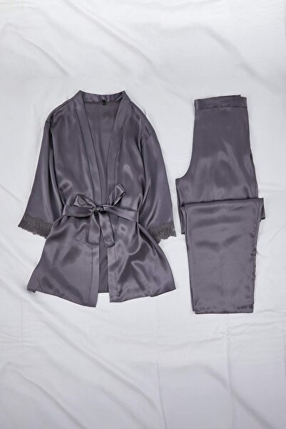 Trendyol Curve Anthracite 3-Piece Dowry Set Lace Detailed Satin Woven Pajama Set