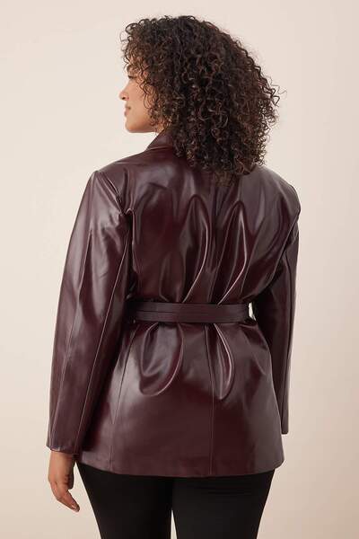 Trendyol Curve Burgundy Belted Double Breasted Closure Faux Leather Blazer Jacket Tbbaw26Ag00041