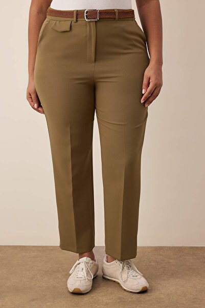 Trendyol Curve Khaki Regular Waist Pipe Leg Plus Size Woven Trousers Tbbaw26Ar00015