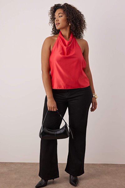 Trendyol Curve Red Satin Degaje Party Woven Plus Size Blouse Tbbaw26Af00079