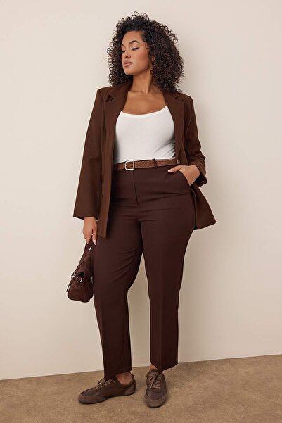 Trendyol Curve Mink Pocket Wide Leg Plus Size Trousers with Slits Tbbaw26Ar00016