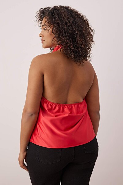 Trendyol Curve Red Satin Degaje Party Woven Plus Size Blouse Tbbaw26Af00079