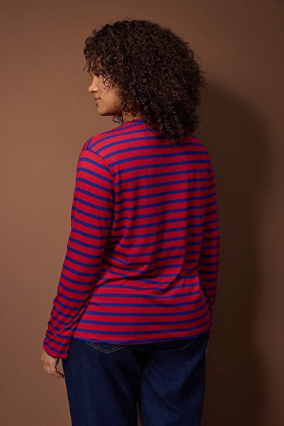 Trendyol Curve Navy Blue Striped Regular/Normal Fit Basic Crew Neck Knitted T-Shirt Tbbaw26Bf00003