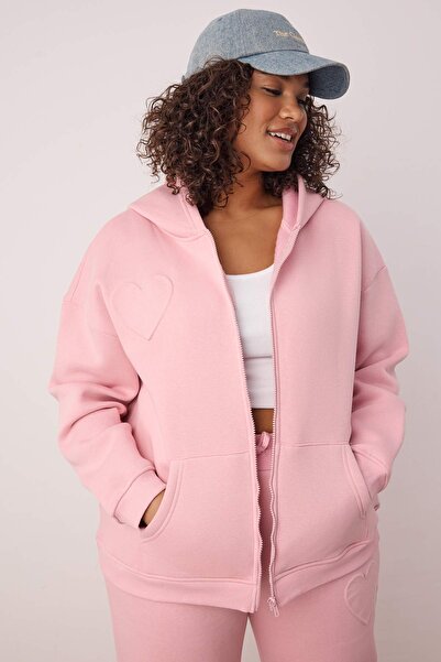 Trendyol Curve Σετ αθλητικής φόρμας με ροζ κουκούλα με ανάγλυφο σχέδιο, πλεκτό σε μεγάλο μέγεθος TBBAW26TS00009