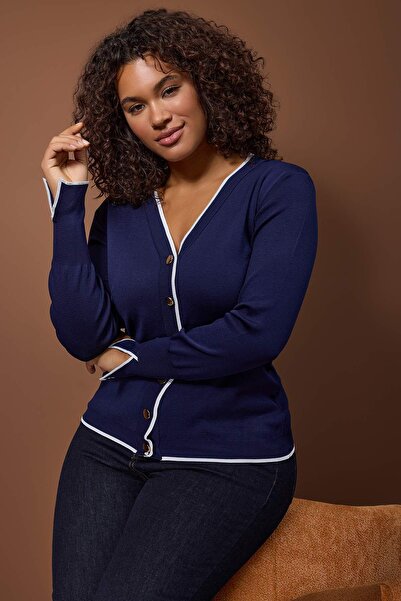 Trendyol Curve Navy Blue Button Detailed Striped Knitwear Cardigan Tbbaw24Av00014