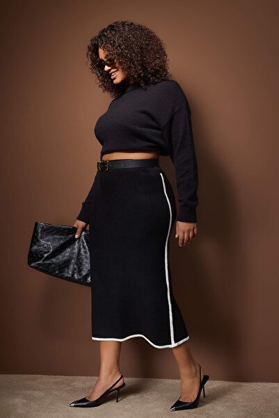 Trendyol Curve Black Stripe Detailed Midi Length Knitwear Skirt Tbbaw26Az00000