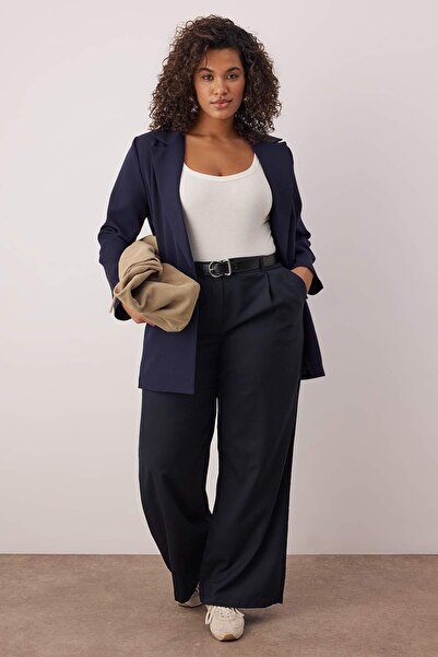 Trendyol Curve Navy Blue Rubber Waist Wide Leg Plus Size Woven Trousers Tbbaw26Ar00019