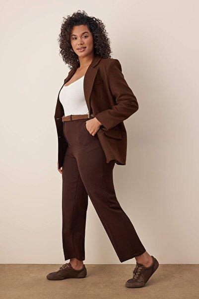Trendyol Curve Brown Regular Waist Pipe Leg Plus Size Woven Trousers Tbbaw26Ar00015