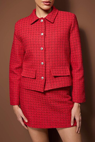 Trendyol Collection Red Glitter Tweed Buttoned Stylish Jacket Twoaw26Ce00015