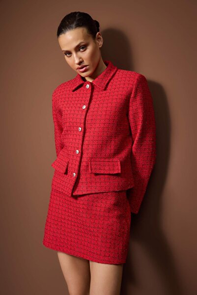 Trendyol Collection Red Glitter Tweed Buttoned Stylish Jacket Twoaw26Ce00015