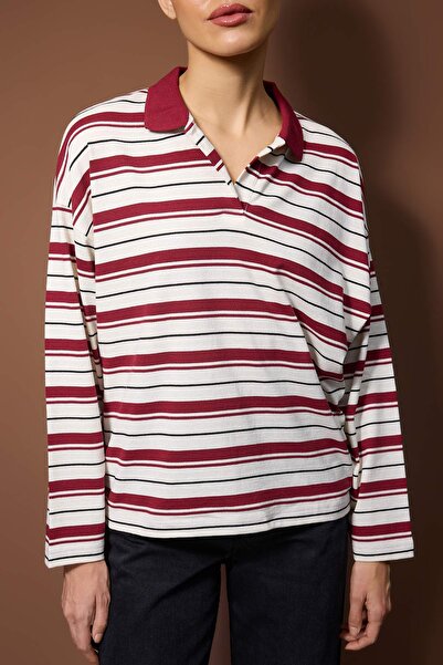 Trendyol Collection Burgundy Striped Polo Neck Oversize/Wide Fit Knitted Sweatshirt Twoaw26Sw00051