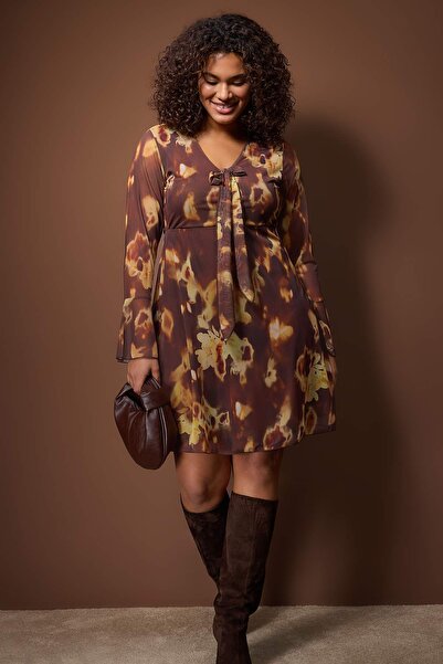 Trendyol Curve Brown V-Neck Floral Pattern Tulle Knitted Plus Size Dress Tbbaw26Ah00064