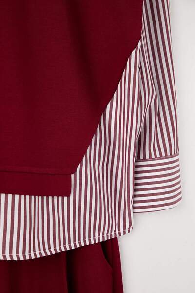 Trendyol Modest Burgundy Striped Woven Fabric Detailed Knitted Top and Bottom Set Tctss25Us00042