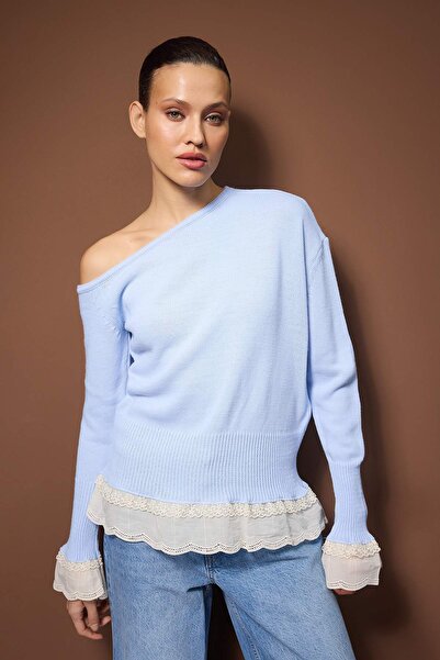Trendyol Collection Blue Lace Paneled Boat Neck Knitwear Sweater Twoaw26Kz00276