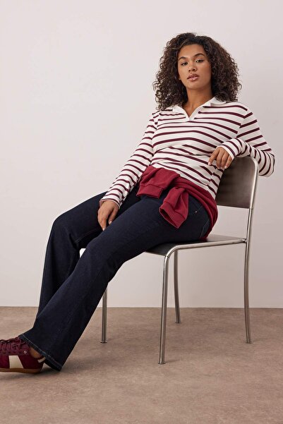 Trendyol Curve Burgundy Polo Neck Striped Crop Boy Knitted Plus Size Blouse Tbbaw26Af00109