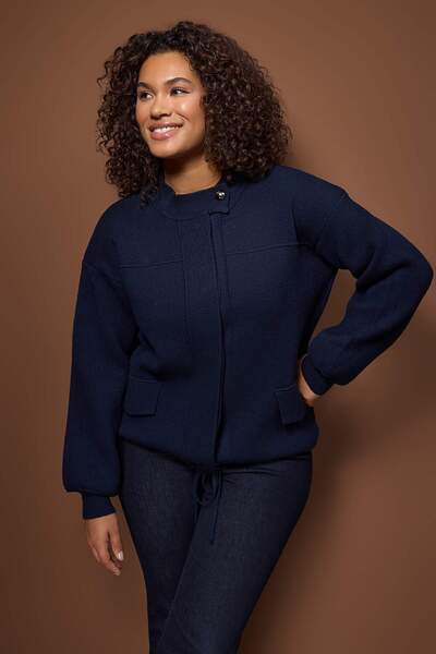 Trendyol Curve Navy Blue Zippered Premium Yarn/Special Yarn Coat-Looking Knitwear Cardigan Tbbaw26Av00038