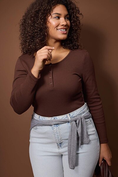 Trendyol Curve Σκούρο καφέ πλέξη ριμπ Πλεκτή μπλούζα μεγάλου μεγέθους