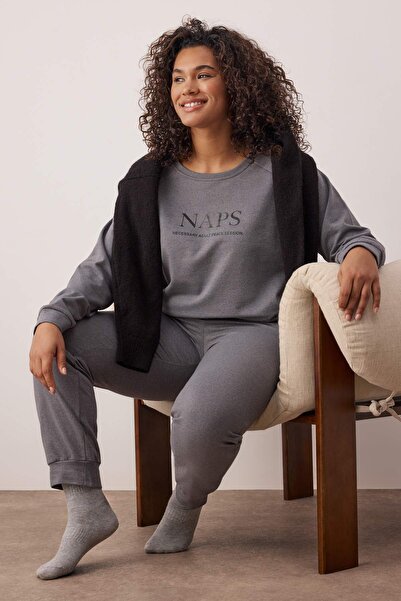 Trendyol Curve Σετ αθλητικής φόρμας μεγάλου μεγέθους από βαμβακερό πλεκτό γκρι εμπριμέ TBBAW23AI00016