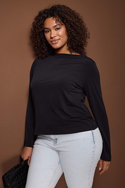 Trendyol Curve Black Relaxed/Casual Fit Spanish Sleeve Stretchy Knitted Blouse Tbbaw26Af00103