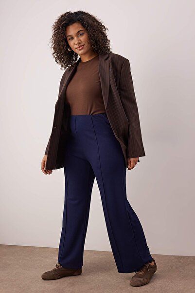 Trendyol Curve Dark Blue Rib Detailed Wide Leg /Wide Leg Plus Size Sweatpants Tbbaw26Aj00005