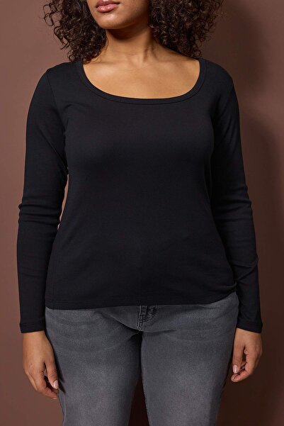 Trendyol Curve Black U-Neck Knitted Plus Size Blouse Tbbaw26Af00112