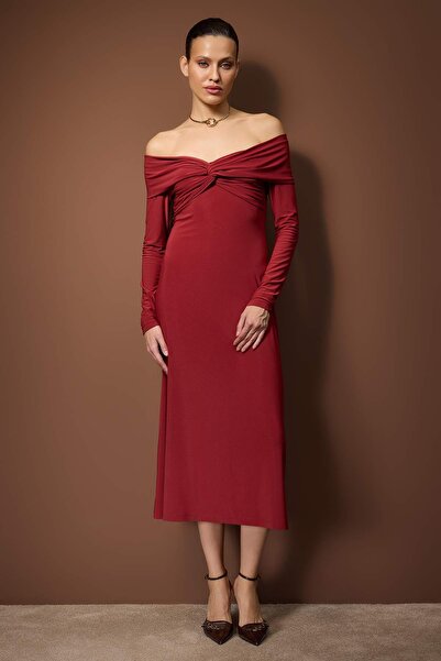 Trendyol Collection Tile Carmen Collar A-Line/Bell Opening Flexible Knitted Midi Dress Twoaw26El00143