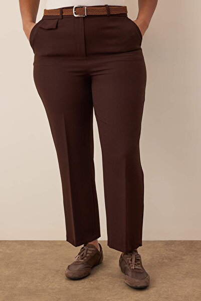 Trendyol Curve Brown Regular Waist Pipe Leg Plus Size Woven Trousers Tbbaw26Ar00015
