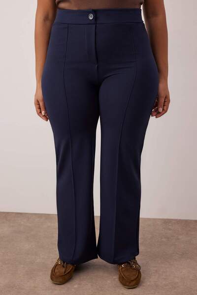 Trendyol Curve Navy Blue Ribbed Detailed Straight Fit Knitted Plus Size Trousers Tbbaw26Ar00029