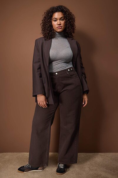 Trendyol Curve Brown Elastic Waist and Adjustable Wide Leg Wide Leg Plus Size Pants Tbbaw26Ar00018