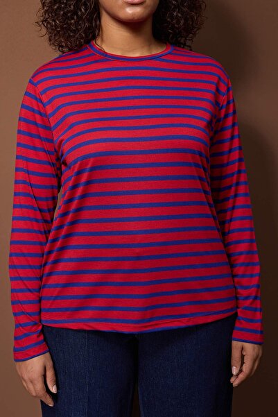 Trendyol Curve Navy Blue Striped Regular/Normal Fit Basic Crew Neck Knitted T-Shirt Tbbaw26Bf00003